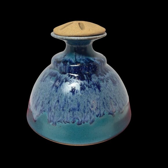 Handcrafted Ceramic Incense Burner With Sandstone Lid - Blue & Green Glaze Finis - Picture 1 of 10